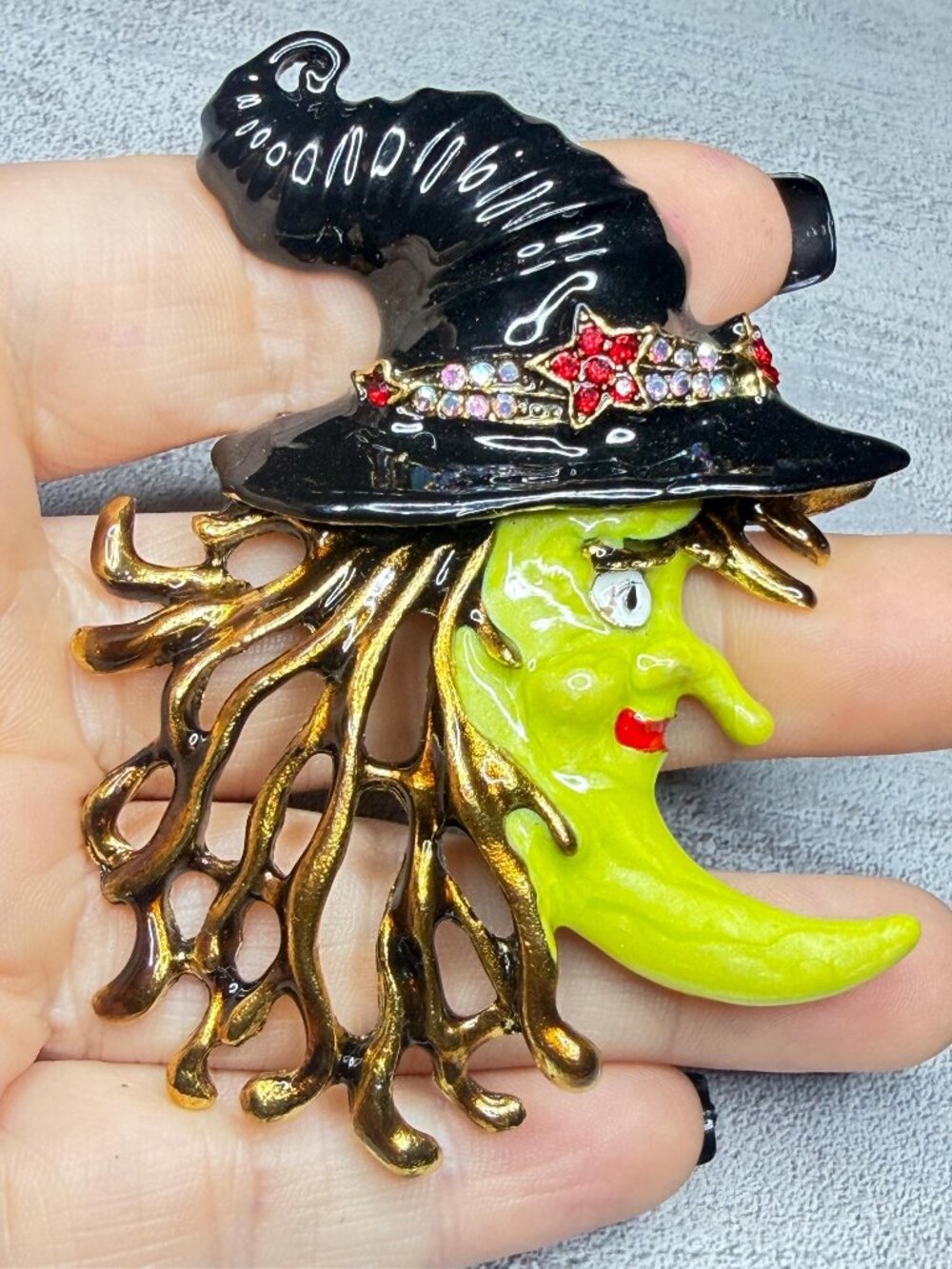 Kirks Folly Witch Moon Brooch Hand Painted Enamel Vintage